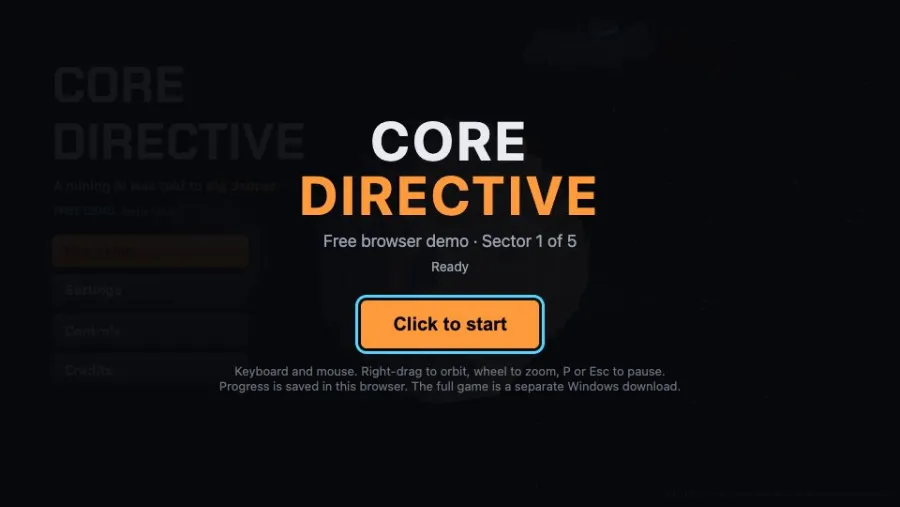 Core Directive running in the browser, screen 1 captured by PlayNewt on October 27, 2026