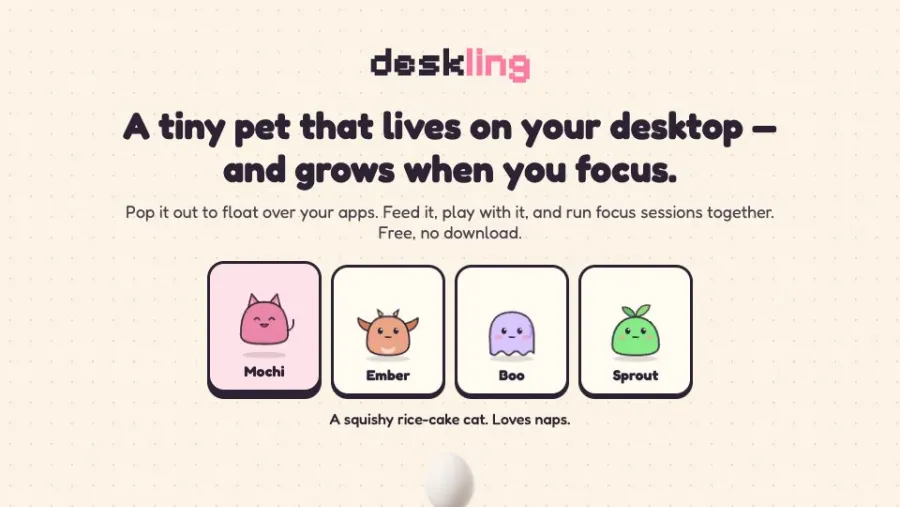 Deskling - a desktop pet that grows when you focus running in the browser, screen 1 captured by PlayNewt on October 26, 2026