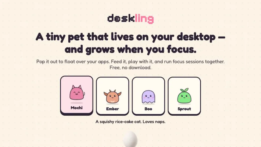 Deskling - a desktop pet that grows when you focus running in the browser, screen 2 captured by PlayNewt on October 26, 2026