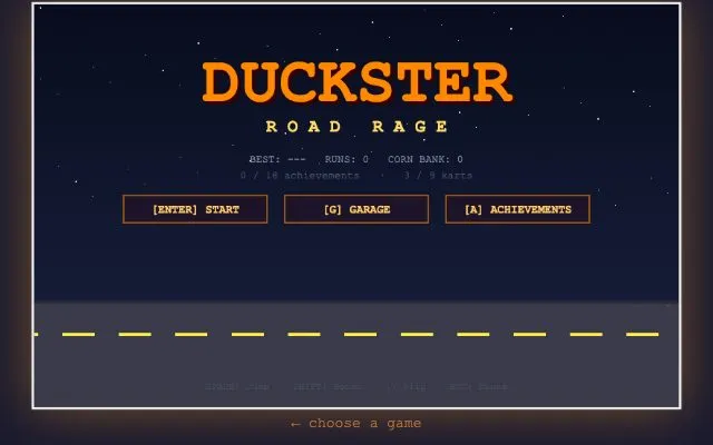 Duckster running in the browser, screen 1 captured by PlayNewt on October 26, 2026
