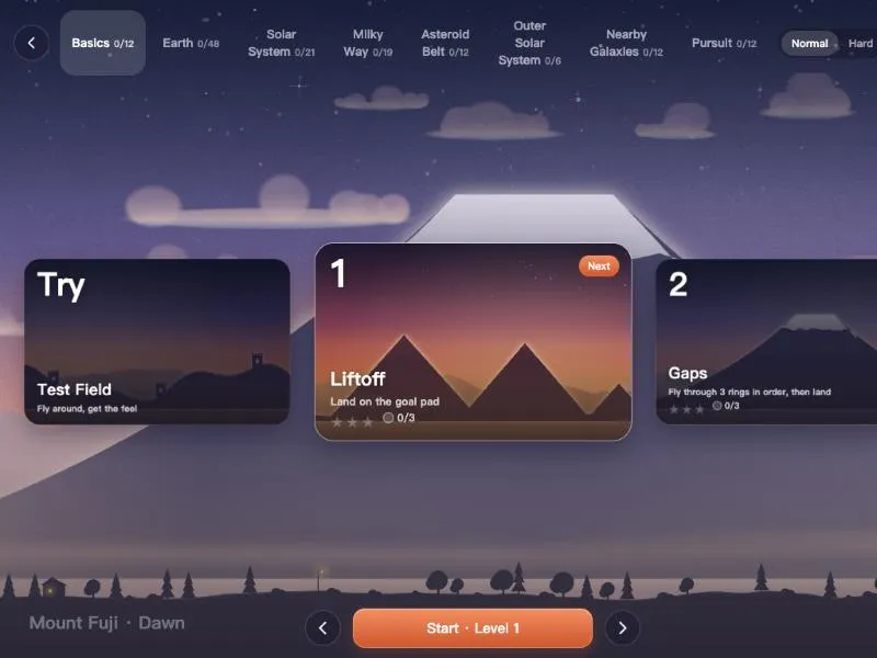 Flying Car level select showing the Basics world with Test Field, Level 1 Liftoff and Level 2 Gaps