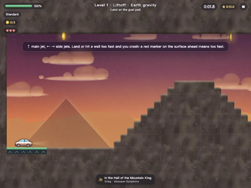 Flying Car Level 1 Liftoff with fuel gauge at 100 percent, three hearts and a 10 second star time