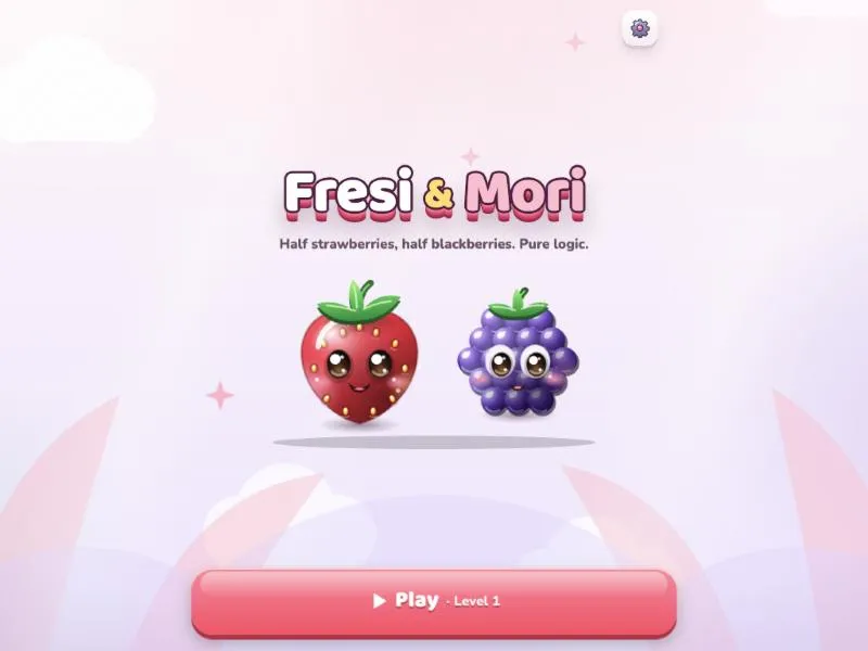 Fresi & Mori title screen with a smiling strawberry and blackberry and the tagline Half strawberries, half blackberries. Pure logic.
