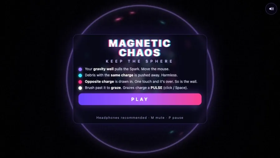 Magnetic Chaos: Keep the Sphere running in the browser, screen 1 captured by PlayNewt on October 27, 2026