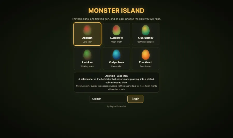 Monster Island running in the browser, screen 1 captured by PlayNewt on October 26, 2026