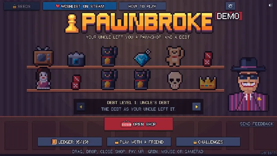Pawnbroke (Demo) running in the browser, screen 1 captured by PlayNewt on October 27, 2026