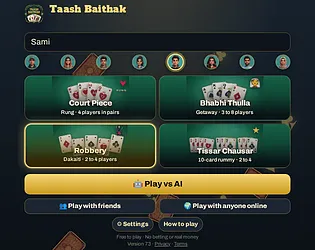 Taash Baithak: Court Piece, Bhabhi Thulla & Robbery, a new card games collection game by taashbaithak