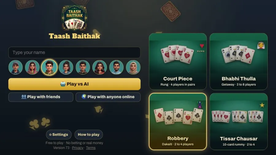 Taash Baithak: Court Piece, Bhabhi Thulla & Robbery running in the browser, screen 1 captured by PlayNewt on October 27, 2026