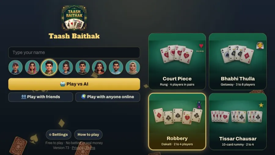 Taash Baithak: Court Piece, Bhabhi Thulla & Robbery running in the browser, screen 2 captured by PlayNewt on October 27, 2026